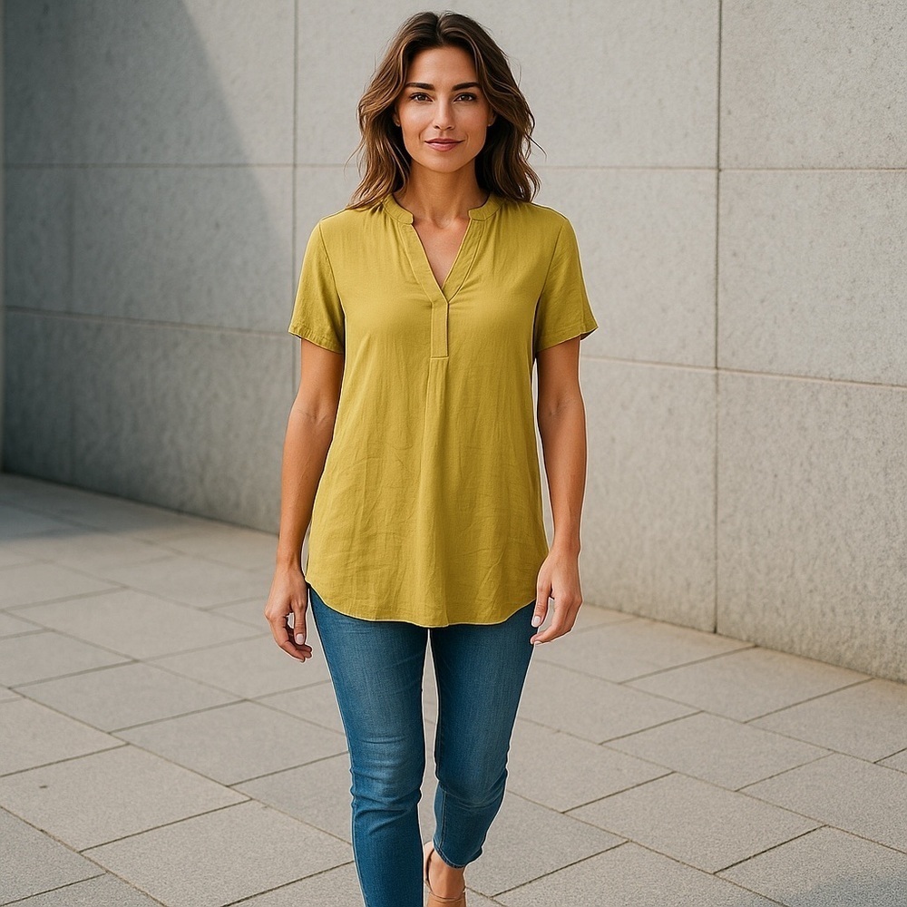 NWT WOMENS RACHEL ZOE XS V NECK AVACADO COLORED BLOUSE SHORT SLEEVE - Picture 2 of 5